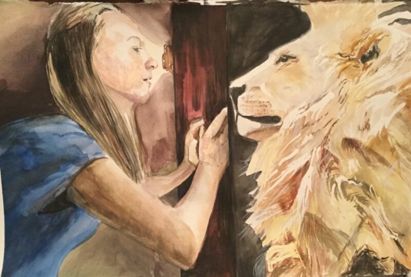 "Girl with Lion" Animal Painting by Cherise Stutzman