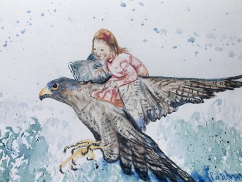 "Girl Riding Peregrine Falcon" Animal Painting by Cherise Stutzman