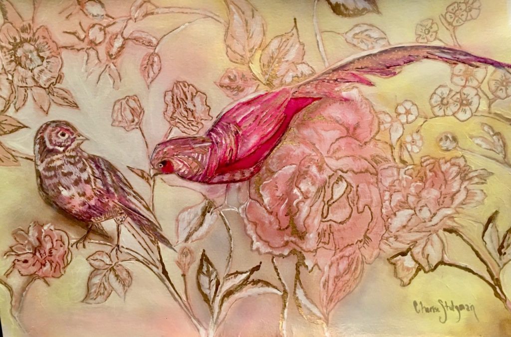 Red Birds in Gold Pen